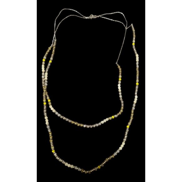 Yellow Silver Tone And White Beaded Multilayer Necklace - Picture 3 of 9